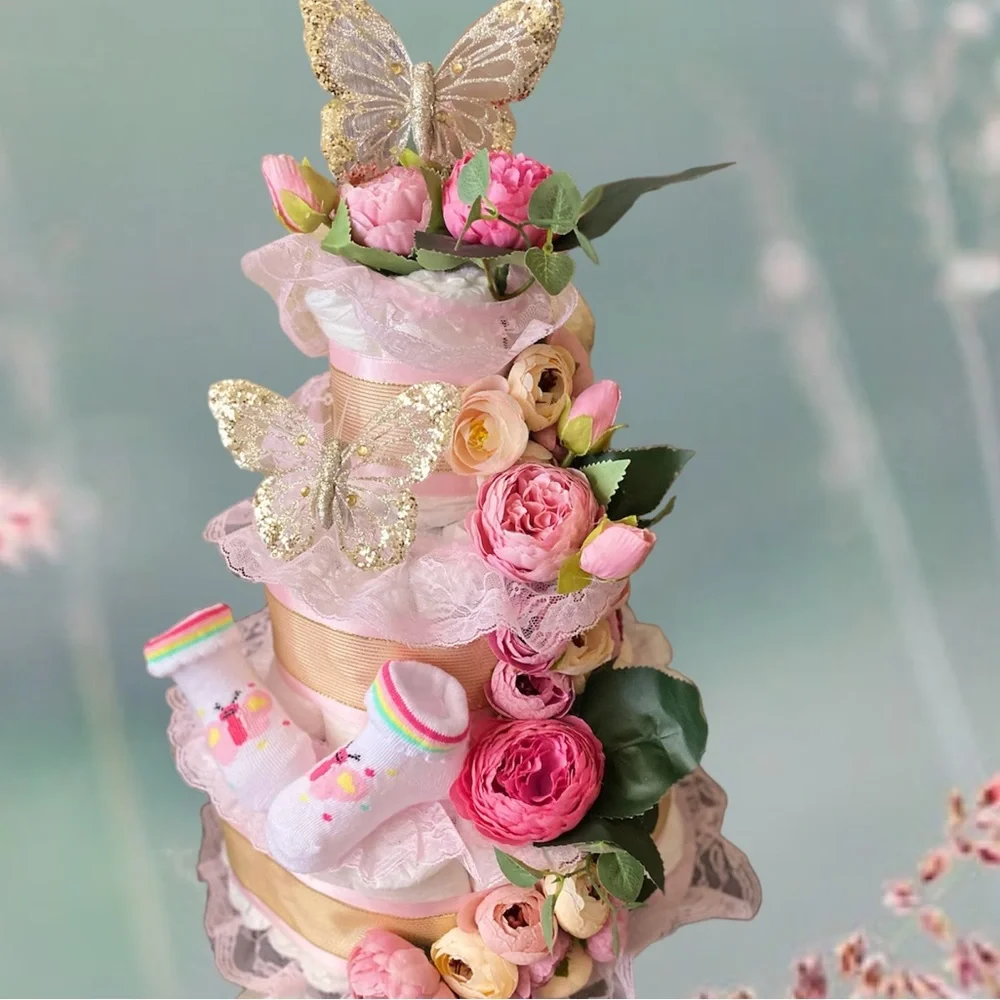 Butterflies Diaper Cake, Peonies Diaper Cake